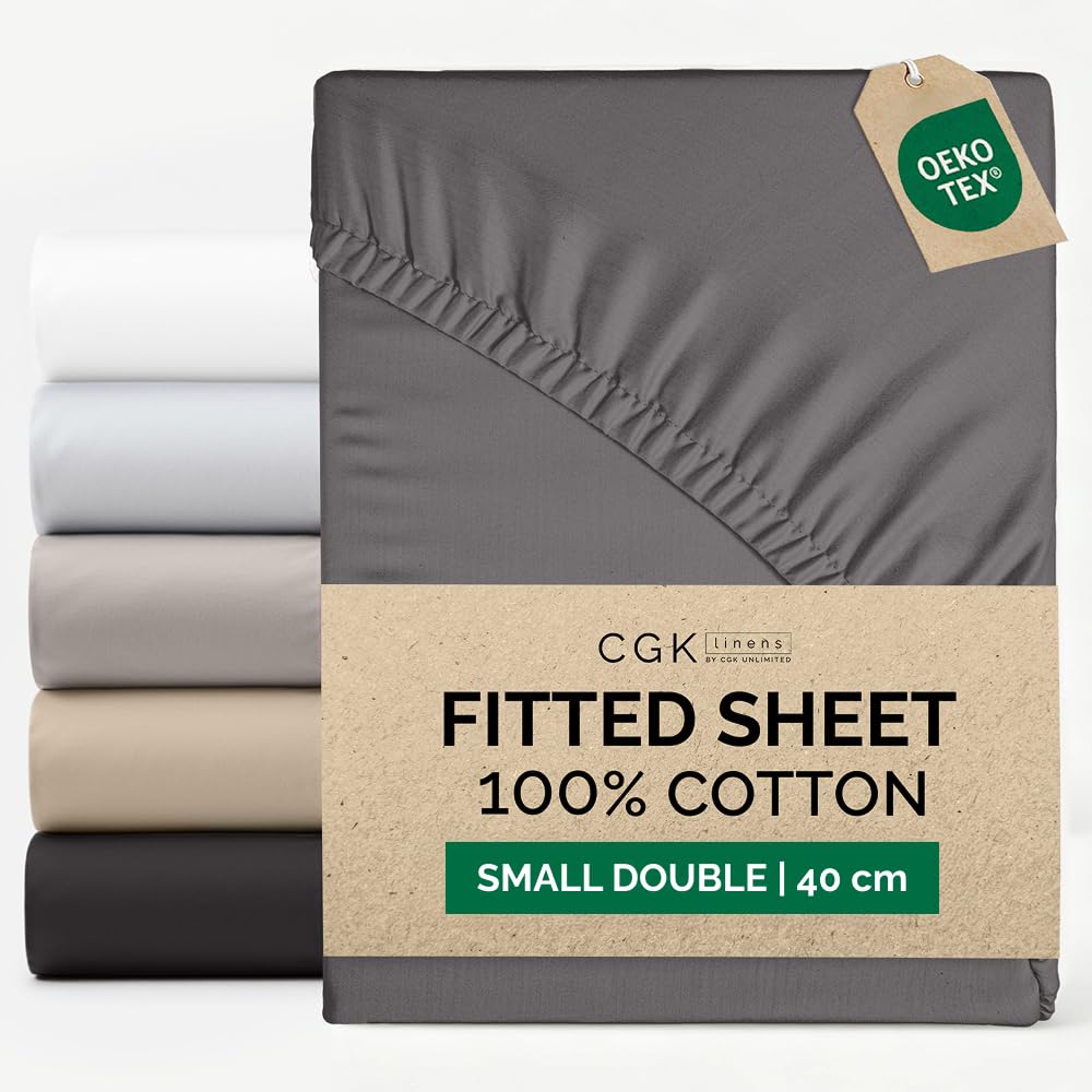 Small Double Fitted Sheet 120x190 cm - 100% Cotton Sateen 400 Thread Count - Extra Deep Fitted Sheet for Mattresses up to 40 cm (16") - Soft, Breathable, Wrinkle Free - OEKO-TEX Certified - Dark Grey