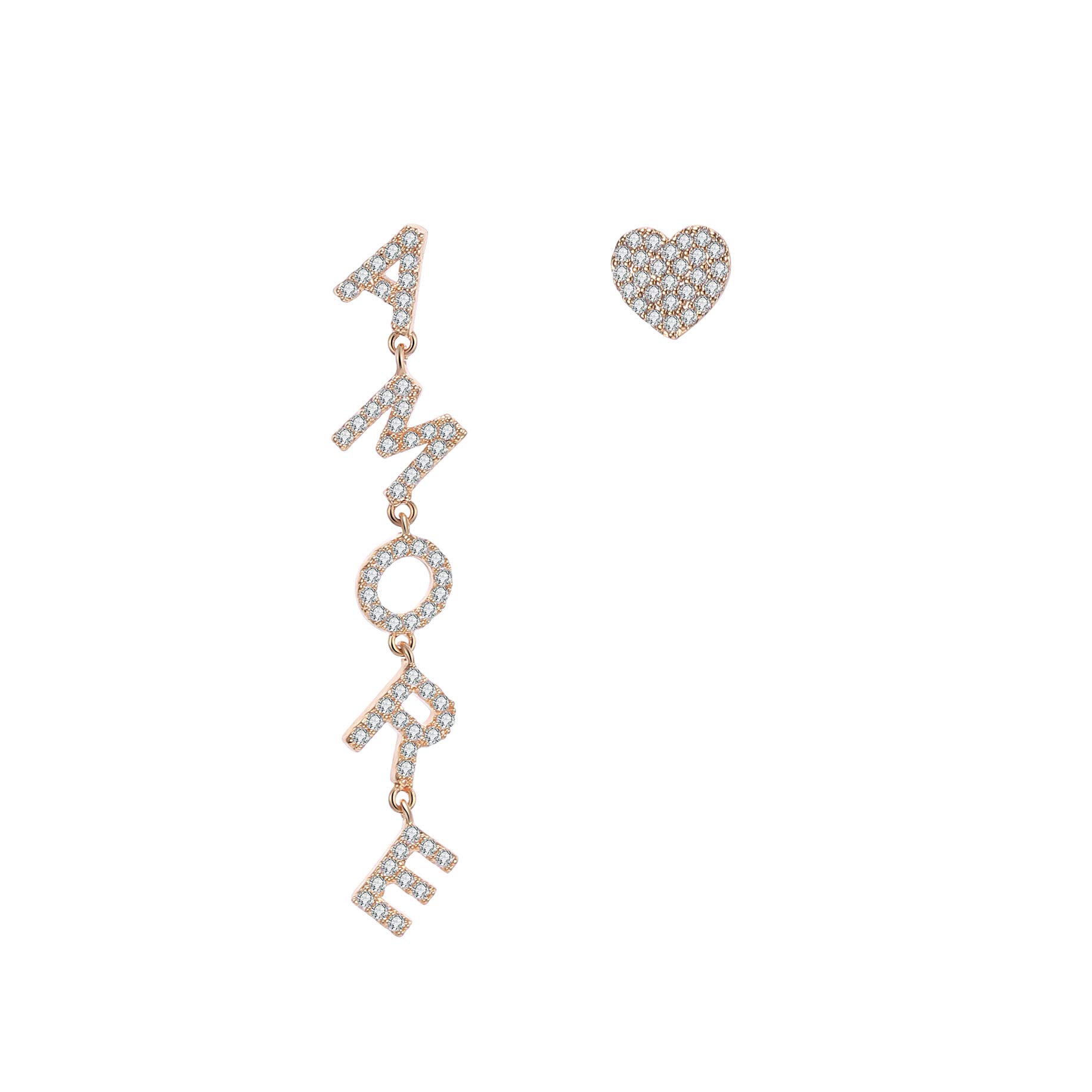 AMORE Letter Dangle and Love Shape Stud Set with Cubic Zirconia Crystal Earrings Women's Earrings for Valentine's Day Gifts for Girlfriends