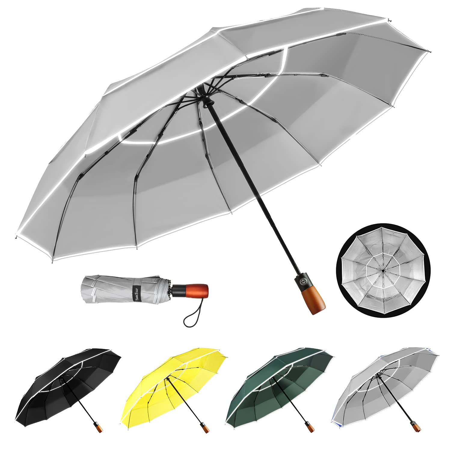 YumSur Compact Umbrella - Travel Folding Umbrella Fast Drying, Windproof Reinforced Frame, Automatic Open & Close, Double Canopy, Lightweight 10 Ribs Umbrella for Men, Women, Children