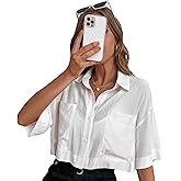 Falainetee Women's Pocket Half Sleeve Button Front Summer Oversized Crop Blouse Tops