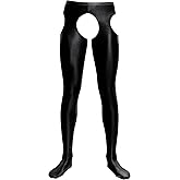 SEAUR Men's Sexy Oil Glossy Tights Pants Crotchless Footed Leggings Sheer Hollow Out Pantyhose