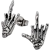 Silver Skull Stud Earrings for Men Women, Punk Rock Gothic Skeleton Bone Earrings, Vintage Horror Halloween Costume Accessories