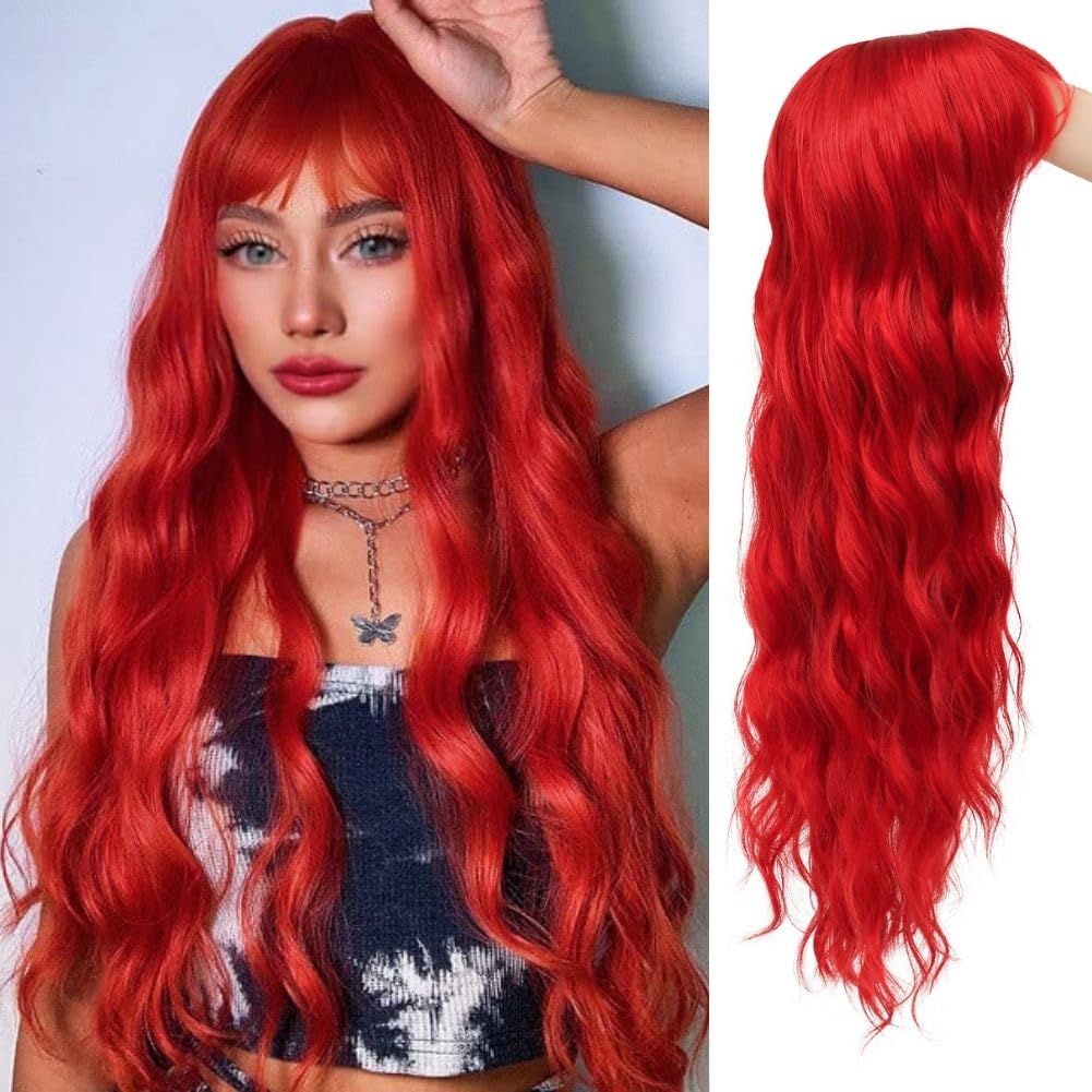 Siudus Red Wigs with Bangs Womens Long Curly Wavy Cosplay Wig Synthetic Heat Resistant Fiber Hair Wig for Halloween Costume Party Use