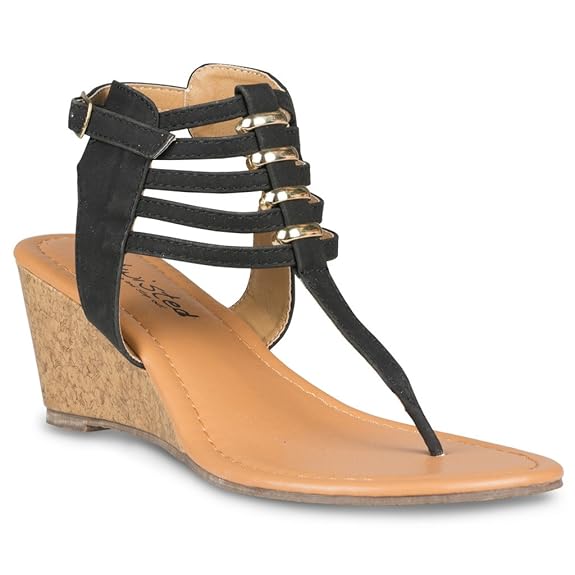  Twisted Women's Riley Metal Ring Low Wegde Sandal with Strappy Ankle Wrap