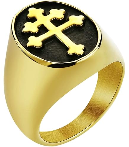 ZOVIVI Gold Plated Cross of Lorraine Stainless Steel Mens Ring