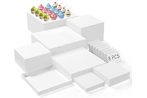 SUNEZLGO 8PCS Buffet Risers, Acrylic Large Food Risers with Mini Signs, Buffet Table Acrylic Cube Display Stands Box Risers for Party Catering Dessert Jewelry Nesting Risers with Hollow Bottom White