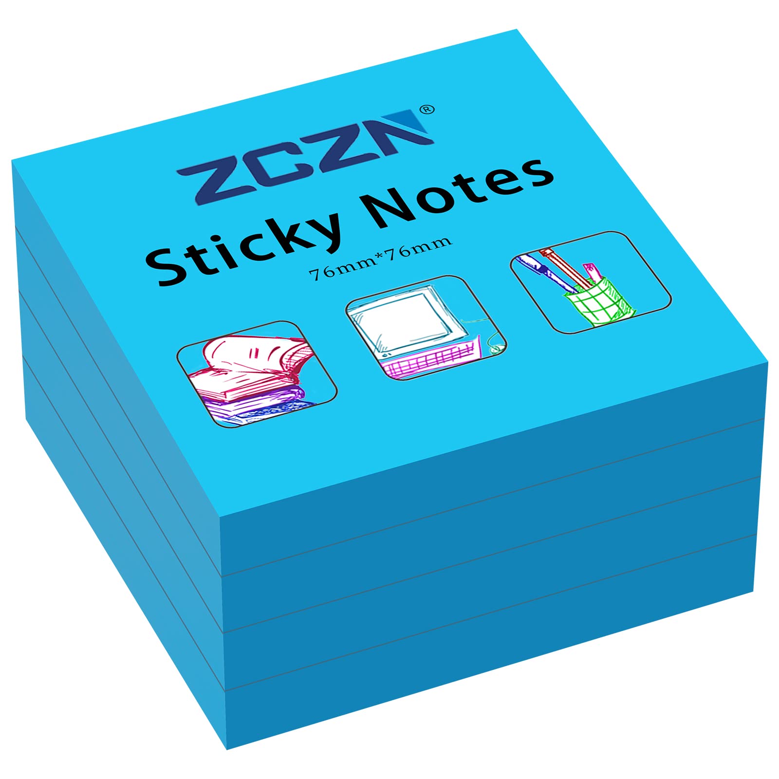 ZCZN 76 x 76 mm Sticky Notes, 100 Sheets/Pad, 4 Pads, Blue — image 1