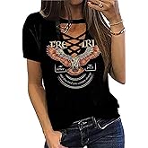Rock Roll Criss-Cross Hollow Out T-Shirt Women Vintage Concert Rock Band Shirt Retro Country Music Short Sleeve Tops