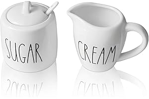 Sugar and Creamer Set, Cream Container and Sugar Holder Set for Coffee Bar, Farmhouse Sugar Bowl with Lid and Spoon, Ceramic 