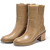 Coutgo Womens Platform Mid Calf Boots Chunky Block Heel Round Toe Boots Fall Winter Shoes