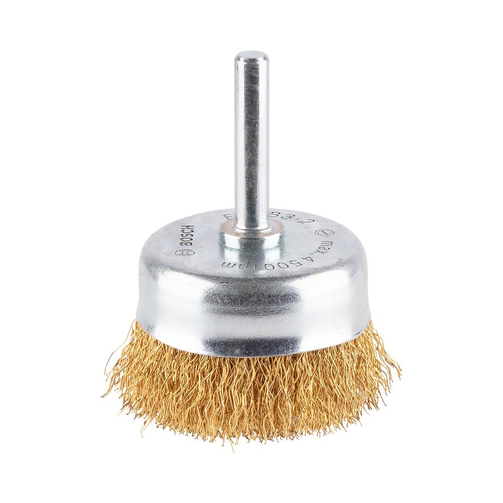 Bosch 1x PRO Brass-Coated Steel Longlife Cup Brush, Crimped Wire for 6 mm Cylindrical Shank and Drill (for Steel, Stainless steel, Ø 50 mm, Professional Accessory Rotary Drill/Drivers)
