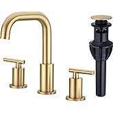 TRUSTMI Bathroom Faucet 2 Handle 8 Inch Brass Bathroom Sink Faucet 3 Hole Widespread with 360 Degree Swivel Spout, cUPC Water Supply Lines and Overflow Pop Up Drain Included, Brushed Gold