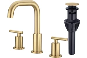 TRUSTMI Bathroom Faucet 2 Handle 8 Inch Brass Bathroom Sink Faucet 3 Hole Widespread with 360 Degree Swivel Spout, cUPC Water Supply Lines and Overflow Pop Up Drain Included, Brushed Gold
