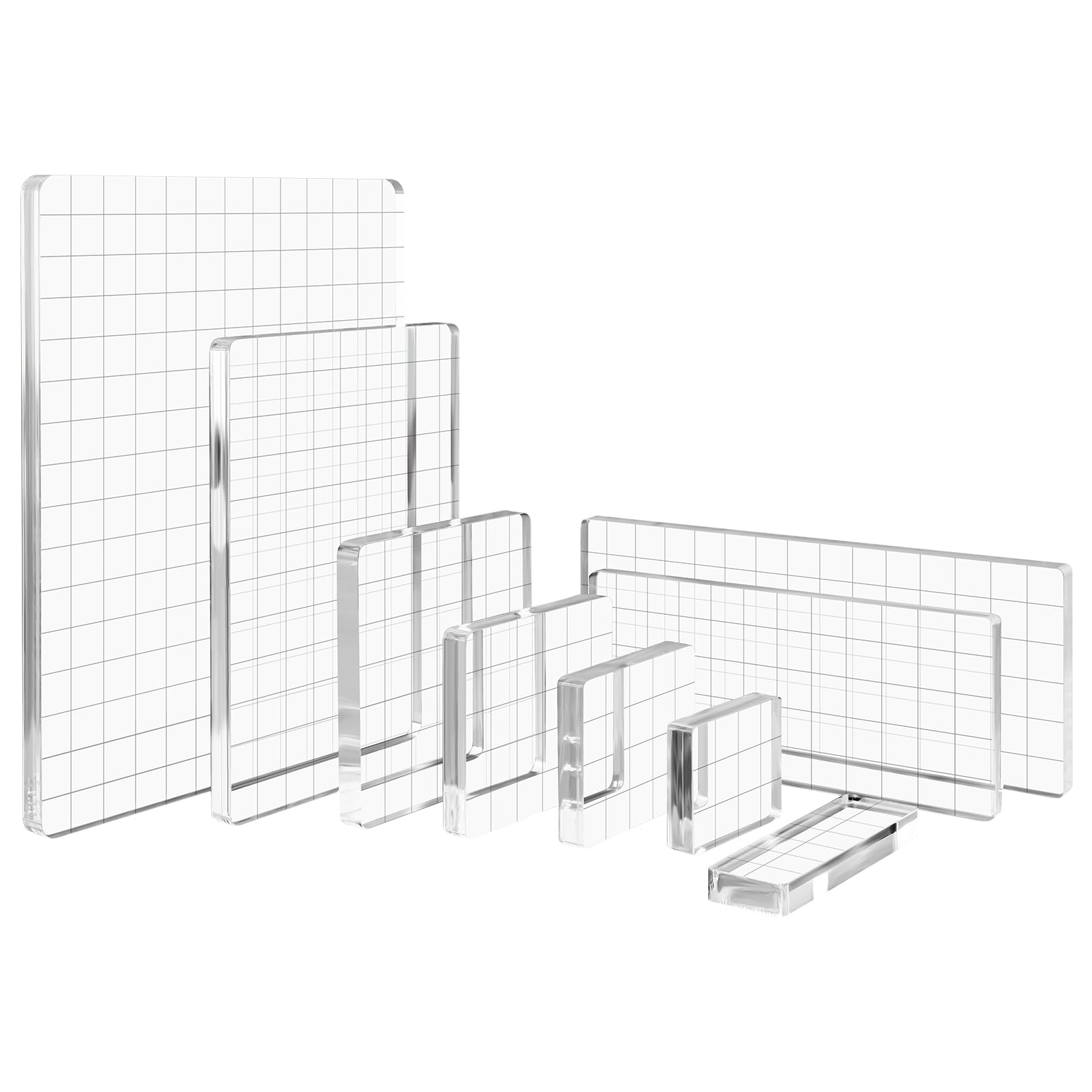 Briartw Clear Acrylic Stamp Block Kit with Grid Lines,9 Pieces Acrylic Stamp Block Clear Stamping Tools Set with Grid Lines for Scrapbooking Crafts Card Making, Assorted Sizes,Thickness 8mm