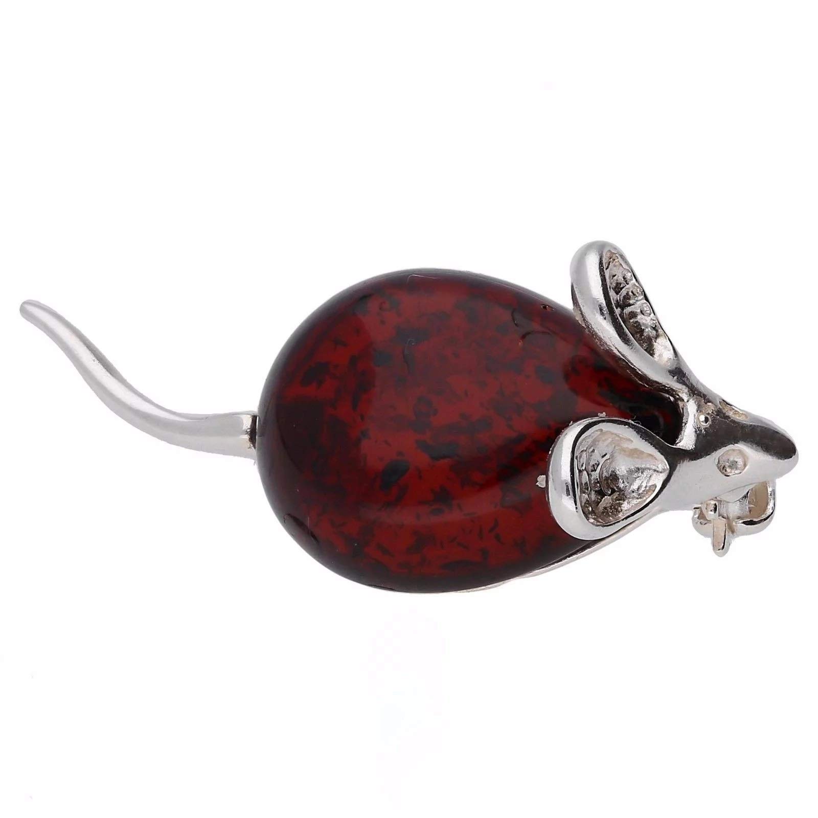 Mouse Silver Brooch Pin/Clip in Pear-Shaped Cherry Red Amber for Women - 925 Sterling Silver