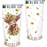 Kilyhome Highland Cow Tumbler – 20oz Stainless Steel Travel Mug with Sunflower Design – Cute Cow Gifts for Women, Farm Animal Lovers, Mom, Rustic Country Farmhouse Style