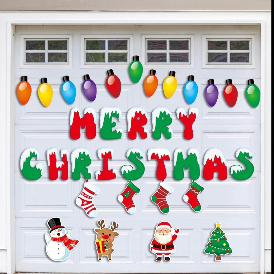 Garage Door Decorations - Joy Bang 38 Pcs Merry Christmas Garage Door Magnets for Refrigerator Car Xmas Door Magnetic Stickers Bulb Shaped Magnets Decor for Xmas Decorations Home Office Classroom Indoor Outdoor