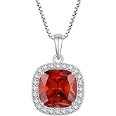 Inpasne Birthstone Necklace for Women 925 Sterling Silver Princess Cut Halo Necklace Pendant Jewelry Gifts for Her