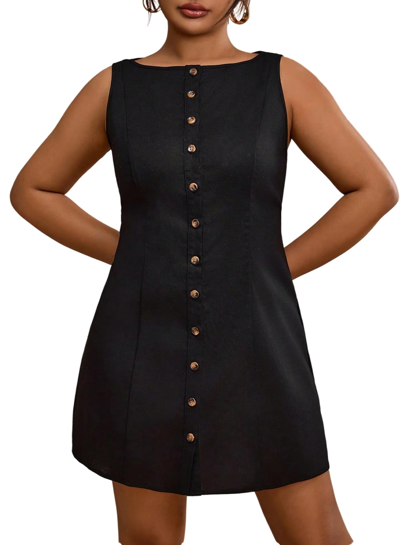 Photo 1 of Floerns Women's Plus Size Elegant Button Down Mini Tank Dress Sleeveless Summer Linen Dresses Black 4X-Large Plus