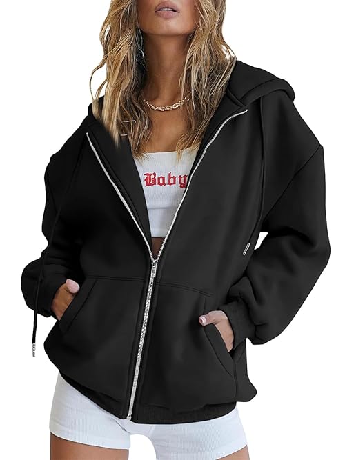 Trendy Queen Womens Zip Up Hoodies Oversized Sweatshirts Fall School Fashion Outfits Casual Jackets 2025 Winter Clothes Black XL