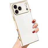 SAKUULO Case for iPhone 17 Pro Max Luxury Plating Gold Case for Women Girls Soft TPU Shockproof Raised Full Camera Protection Electroplate Bumper Cover for iPhone 17 Pro Max 6.9"- White