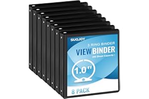 SUQJOY 1-inch 3-Ring Binder, 1" Round Ring Binder with 2 Inside Pockets, 8 Pack Black Binders, Clear View Cover, Holds 8.5'' x 11''Paper for Office/Home/Back to School