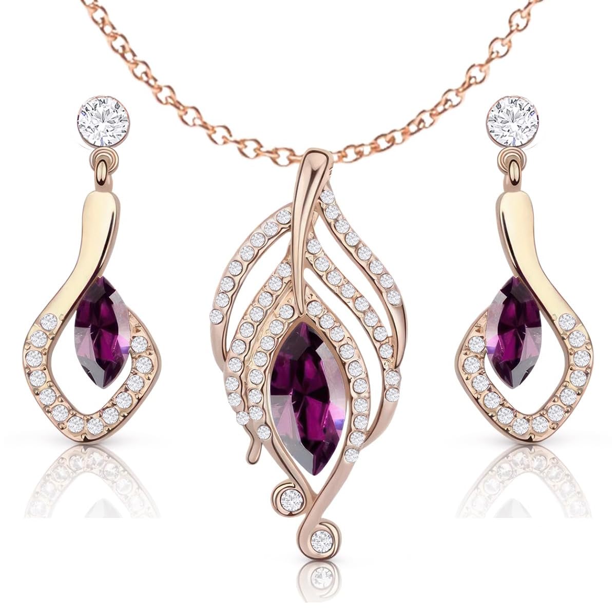Crystalline Azuria Women 18ct Rose Gold Plated Simulated Amethyst Crystals Set Pendant Necklace 17.7 inches Dangle Earrings