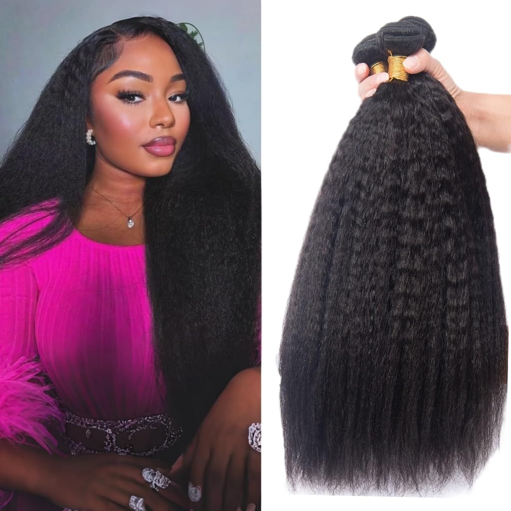 Datanala Kinky Straight Human Hair 3 Bundles Brazilian Virgin 12A Grade 100% Unprocessed Yaki Human Hair Weave Grade Natural Black Color (18 20 22Inch, kinky straight bundles) โ image 1