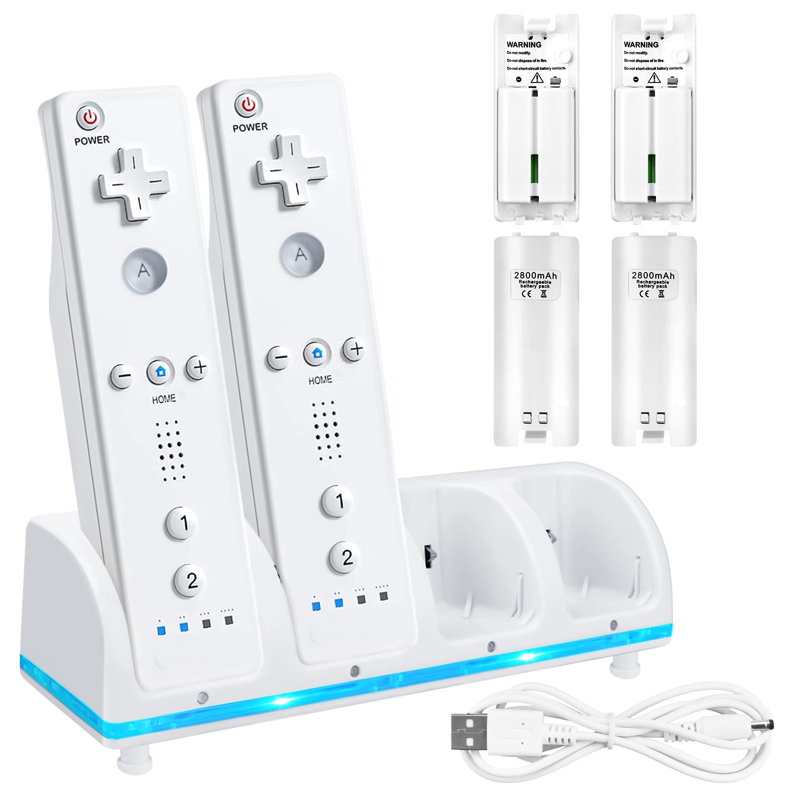 Wii Remote Charging Station, 4-in-1 Controller Charger Station with 4 Wii Rechargeable Battery Pack & USB Cable for Wii/Wii U Controller Remote (White)