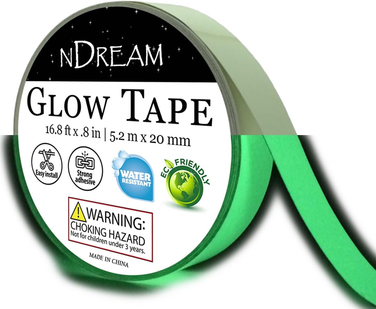Glow in The Dark Tape 1 Roll 16.8 ft x .8 in, Bright Neon Green Glowing Luminous Party Sticker, Waterproof, Photoluminescent Marker, Perfect for Light Switches Steps Stairs