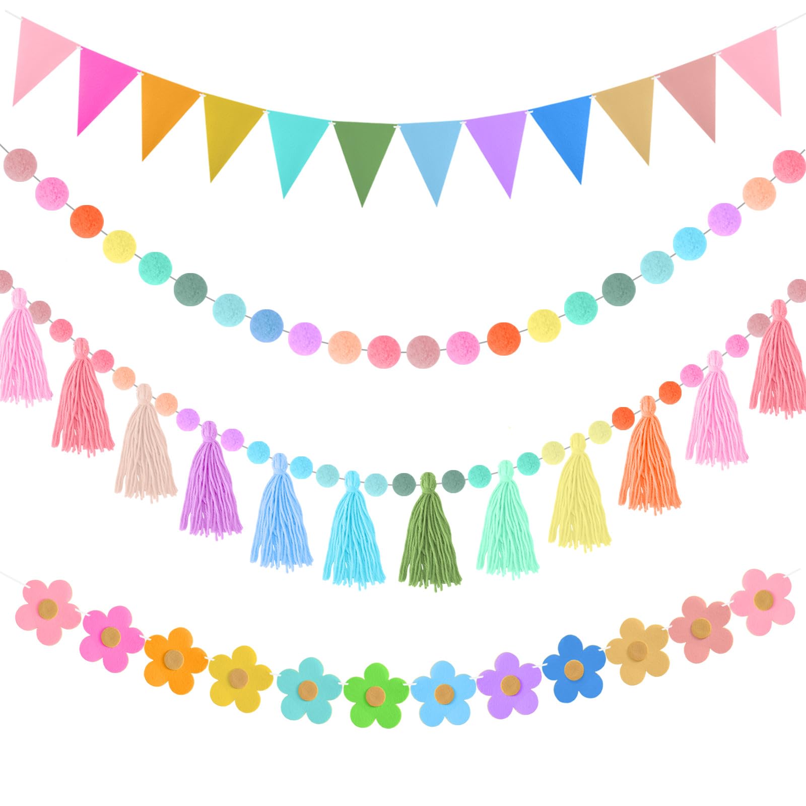 Photo 1 of 4 Pcs Rainbow Tassel Garland Colorful Pom Pom Garland 9.8 Feet Boho Felt Fabric Tassel Banner Set, Pastel Wall Door Hanging Decor for Classroom Birthday Party Kids Bedroom School