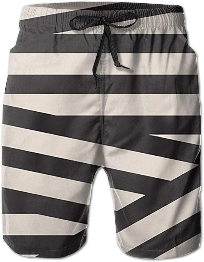 DLing Men's Swim Trunks White and Black Stripe Quick Dry Beach Board