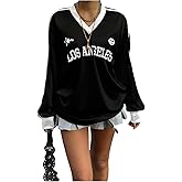 SweatyRocks Women's Y2k Letter Print Jersey Tops Oversize Long Sleeve V Neck Shirt Loose Going Out Top