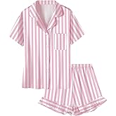 Umeyda Satin Silk Pajamas for Girls 2Pcs Button Down Pjs Set Girls Sleepwear, Pink Stripe, 7-8 Years