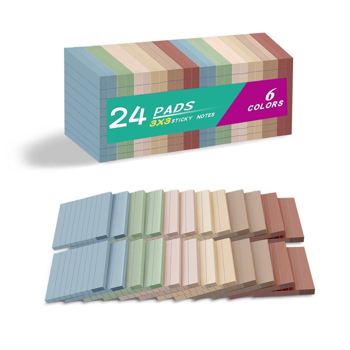 Photo 1 of (24 Pack) Lined Sticky Notes 3x3 in,Notepads with Lines,Ruled Stickies Super Sticking Power,Office School Memo Note Pads Vintage Colors,Post on Windows Doors,Recyclable,Easy to Write on