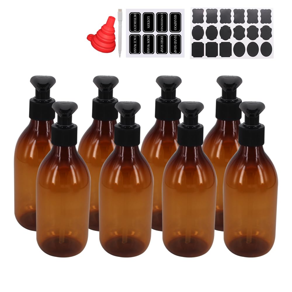 Photo 1 of zmybcpack 8 Pack 8OZ Empty Plastic Pump Lotion Bottles with 1 Pen, Labels & Silicone Funnel, Amber Color Lotion Dispenser with Locking Lotion Pump for Body Wash, Shampoo, Massage Lotion, Gel