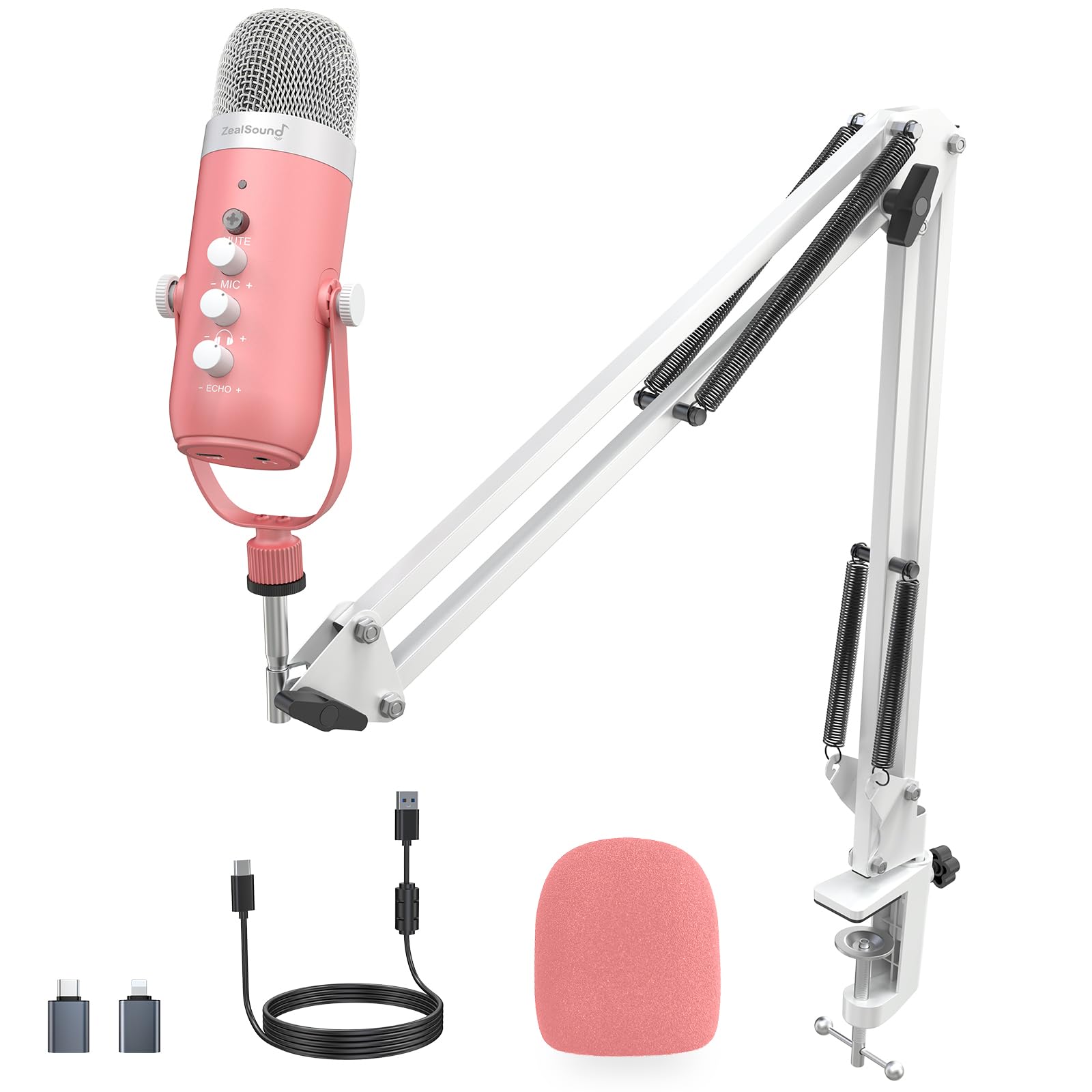 Photo 1 of ZealSound Gaming Microphone Kit,Podcast Condenser USB Mic with Boom Arm,Supercardioid Microphone with Mute Button,Echo Volume Gain Knob,Adjust Monitor for Phone PC Computer (Pink)