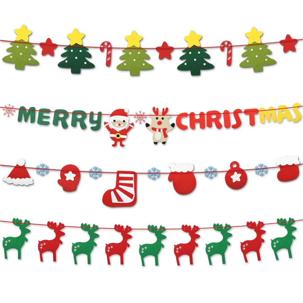 Christmas Garland Flags Banner,4 Pack Xmas Funny Festival Felt Flags,Merry Christmas Tree Elk Santa Candy Colourful Party Bunting For Christmas Birthday Party Garden Outdoor Home Fireplace Decorations