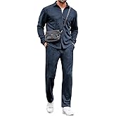 LecGee Men's Fall Faux Suede 2 Piece Tracksuit Button Down Long Sleeve Jacket Loose Pants With Pocket Fashion Casual Set
