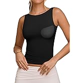 PINKMSTYLE Built in Bra Tank Tops for Women Boat Neck Double Lined Top Slim Fit Classy Sleeveless Going Out Tops