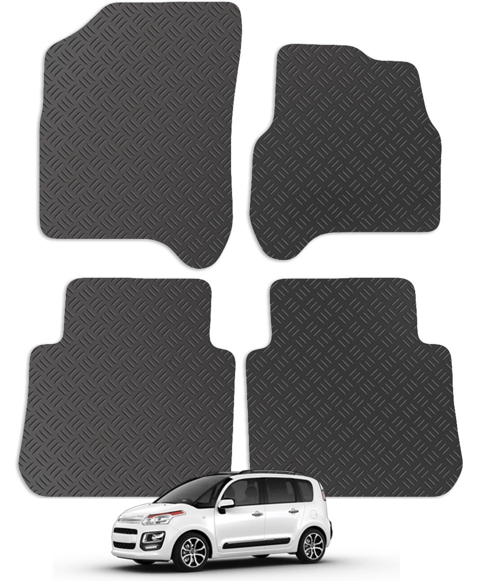 Carsio Car Mats 4pc Set For Citroen C3 Picasso 2009-2016 - 4 Piece Set with 4 Clips Tailored Fit Rubber Floor Mat Complete Accessory Black Custom Fitted - Anti-Slip Backing, Heavy Duty & Waterproof