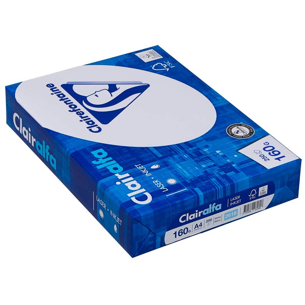 Clairefontaine 2618C Clairalfa opaque printer paper (1 Ries with 250 sheets, A4, 21 x 29.7 cm, 160 g, ideal for flyers or brochures) white