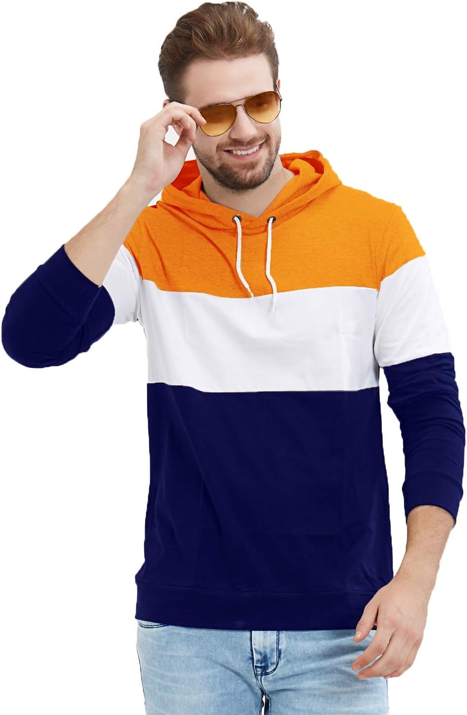 LEWEL Men Cotton Hooded Neck Full Sleeve Color Blocked T-Shirt (Orange, White, Blue)