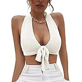 Amarmia Women's Sexy Deep V Neck Crop Tops Halter Knit Ribbed Bow-Knot Front Backless Cleavage Cropped Tank Top