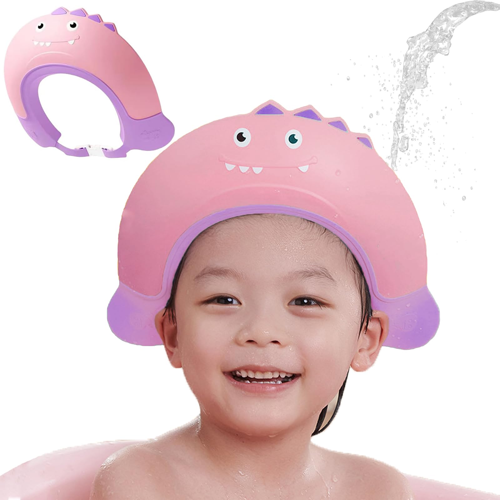 Shower Caps for Kids, KAMHBE Baby Shower Cap Shield Adjustable Hair Washing Shampoo Shield Baby Visor for Eyes, Ears and Face (Pink-monster)