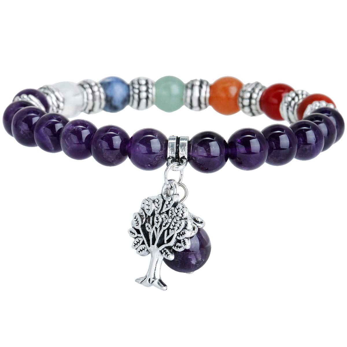 mookaitedecor Natural Purple Amethyst Crystal Semi Precious Gemstone Stretch Bracelet with Tree of Life, Healing Crystal Chakra Stone Beads Bracelet Colourful Good Luck Jewellery Gift for Women