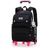 LANSHIYA Solid Color Girls Rolling Backpack with Wheels Schoolbag Elementary School Student Trolley Daypack