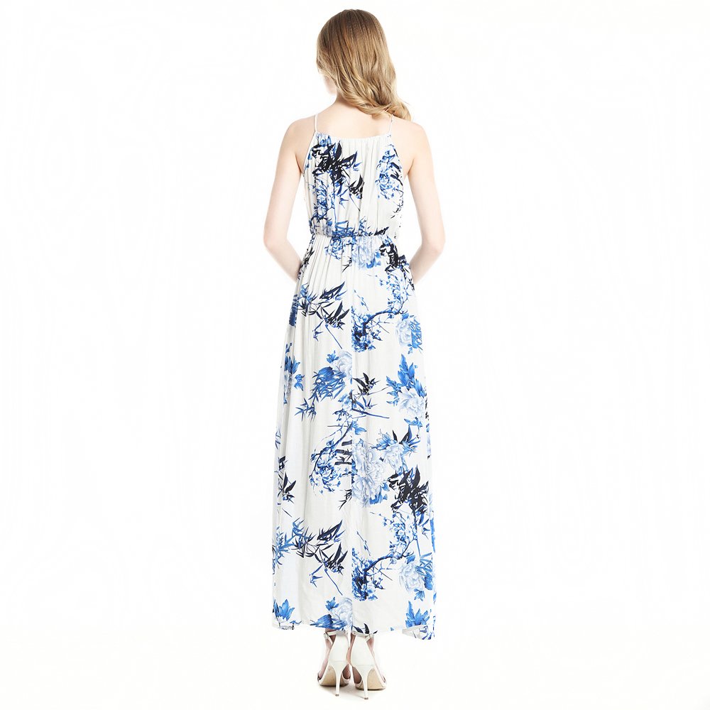 Zumine Women\'s Floral Print Halter Neck Split Summer Beach Maxi Dress (M, Blue)