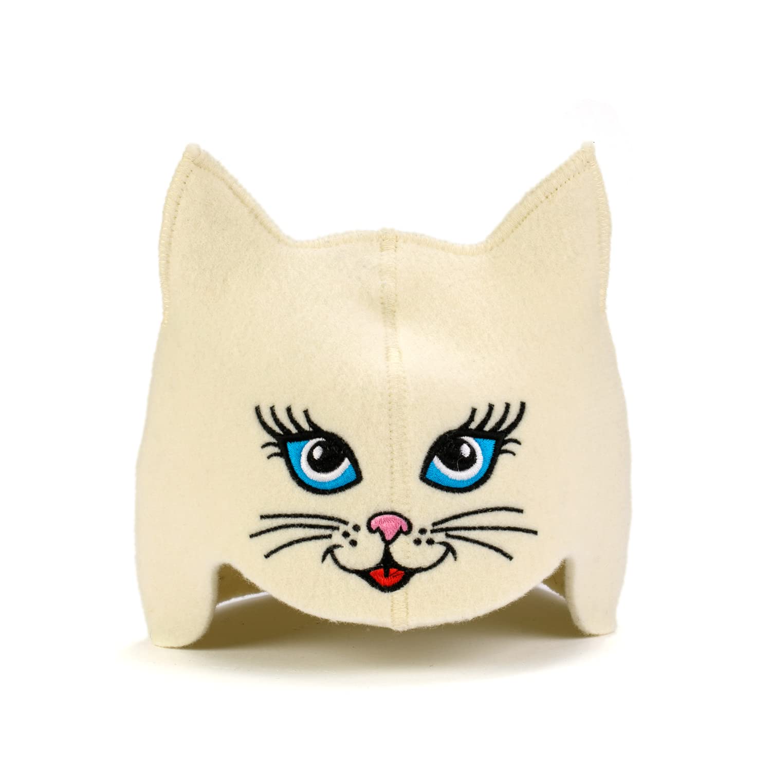 Natural Textile Sauna Hat 'Sauna Kitten Cat' White - 100% Organic Wool Felt Hats for Russian Banya - Protect Your Head From Heat - English Sauna eBook Guide Included - With Embroidery
