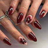 KQueenest Dark Red French Press on Nails Almond Shape Fake Nails with Flower Designs Floral Artificial Nails Medium Length Bu